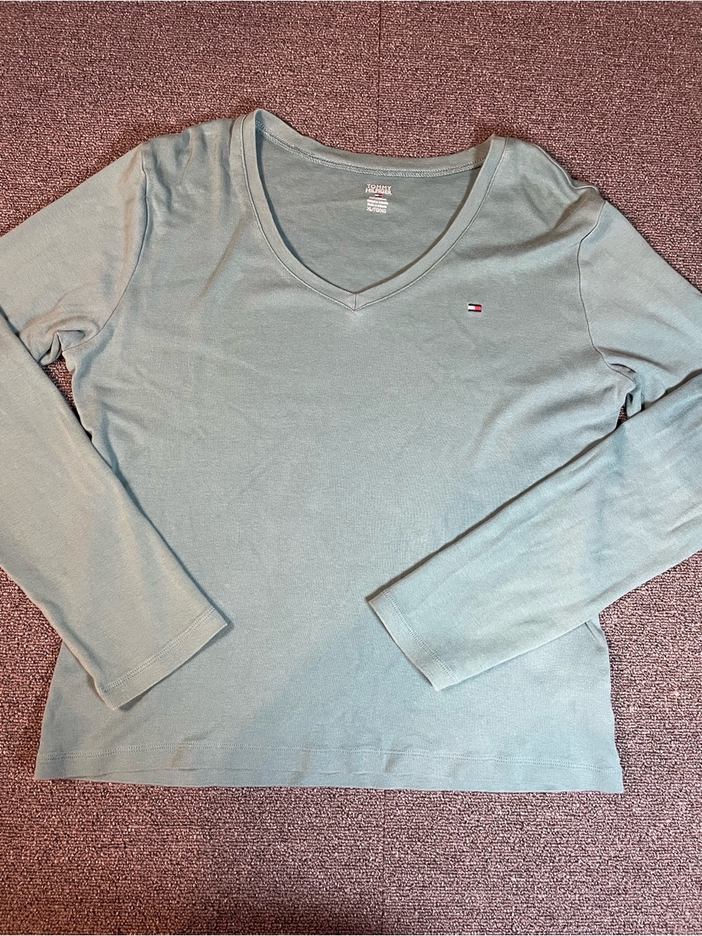 Tommy Hilfiger Sage Green Long-Sleeve V-Neck Basic Tee